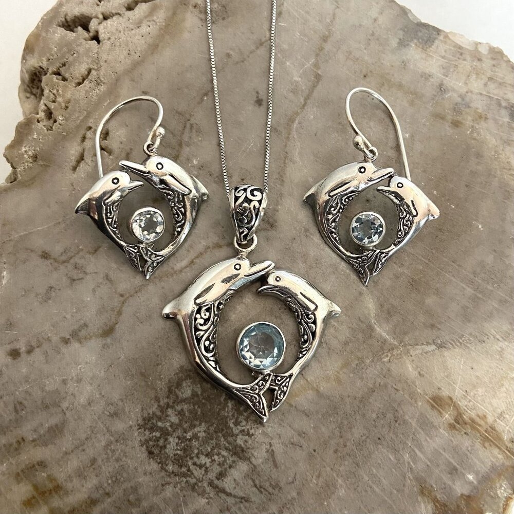 Sterling Silver 925 Blue Topaz Dolphin Earrings & Pendant Necklace Set 18"